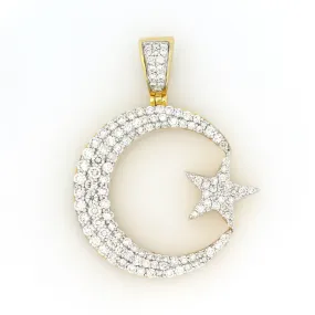 10K Yellow Gold Crescent Moon And Star Pendant 2.85 Ctw