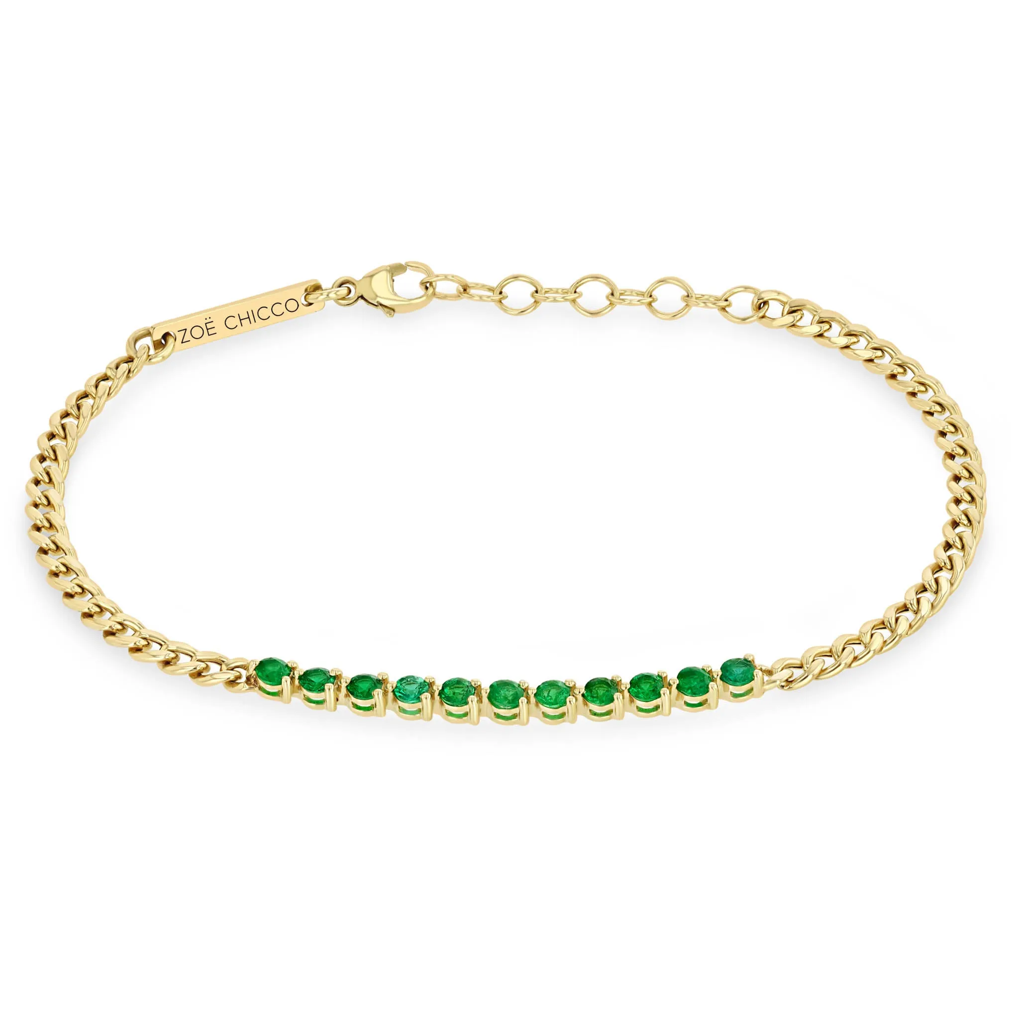 14k Emerald Tennis Segment Small Curb Chain Bracelet