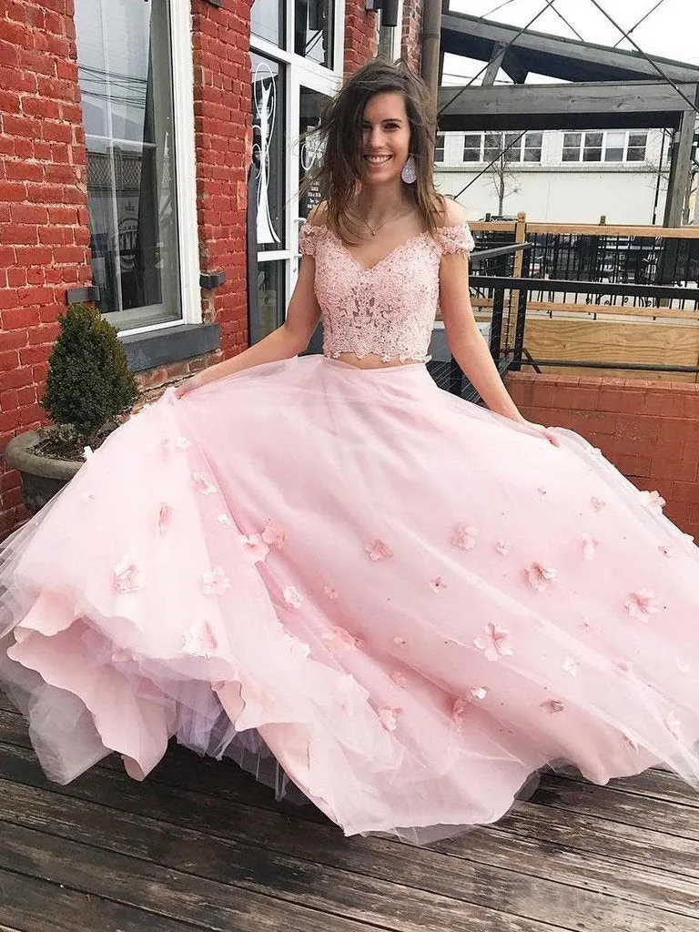 3D Floral Junior Off the Shoulder Prom Dresses Lace Two Piece Pink Lace Prom Gowns