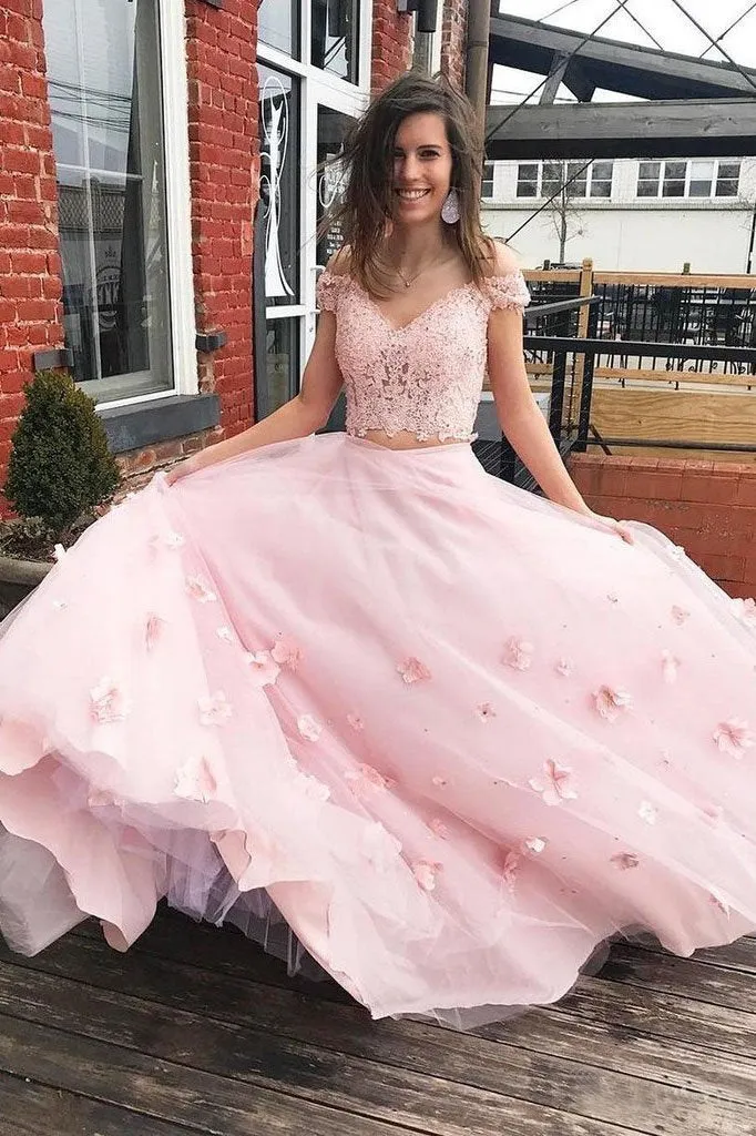 3D Floral Junior Off the Shoulder Prom Dresses Lace Two Piece Pink Lace Prom Gowns