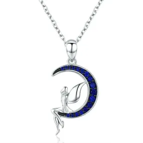 925 Sterling Silver Blue Crystal Crescent Moon and Fairy Pendant Necklace