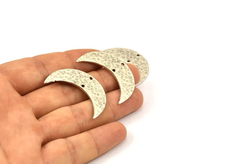 Antique Silver Hammered Crescent Finding, 2 Antique Silver Plated Brass Hammered Moons with 2 Holes (35x11x1.5mm) N0211