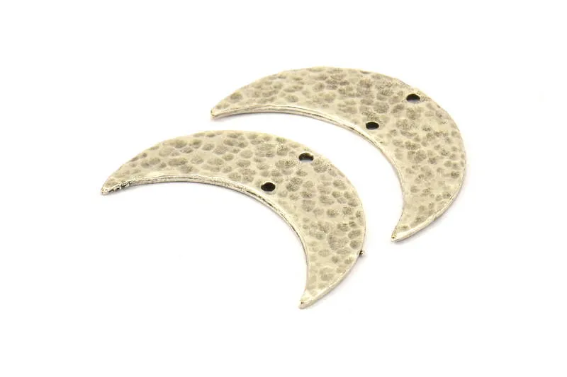 Antique Silver Hammered Crescent Finding, 2 Antique Silver Plated Brass Hammered Moons with 2 Holes (35x11x1.5mm) N0211