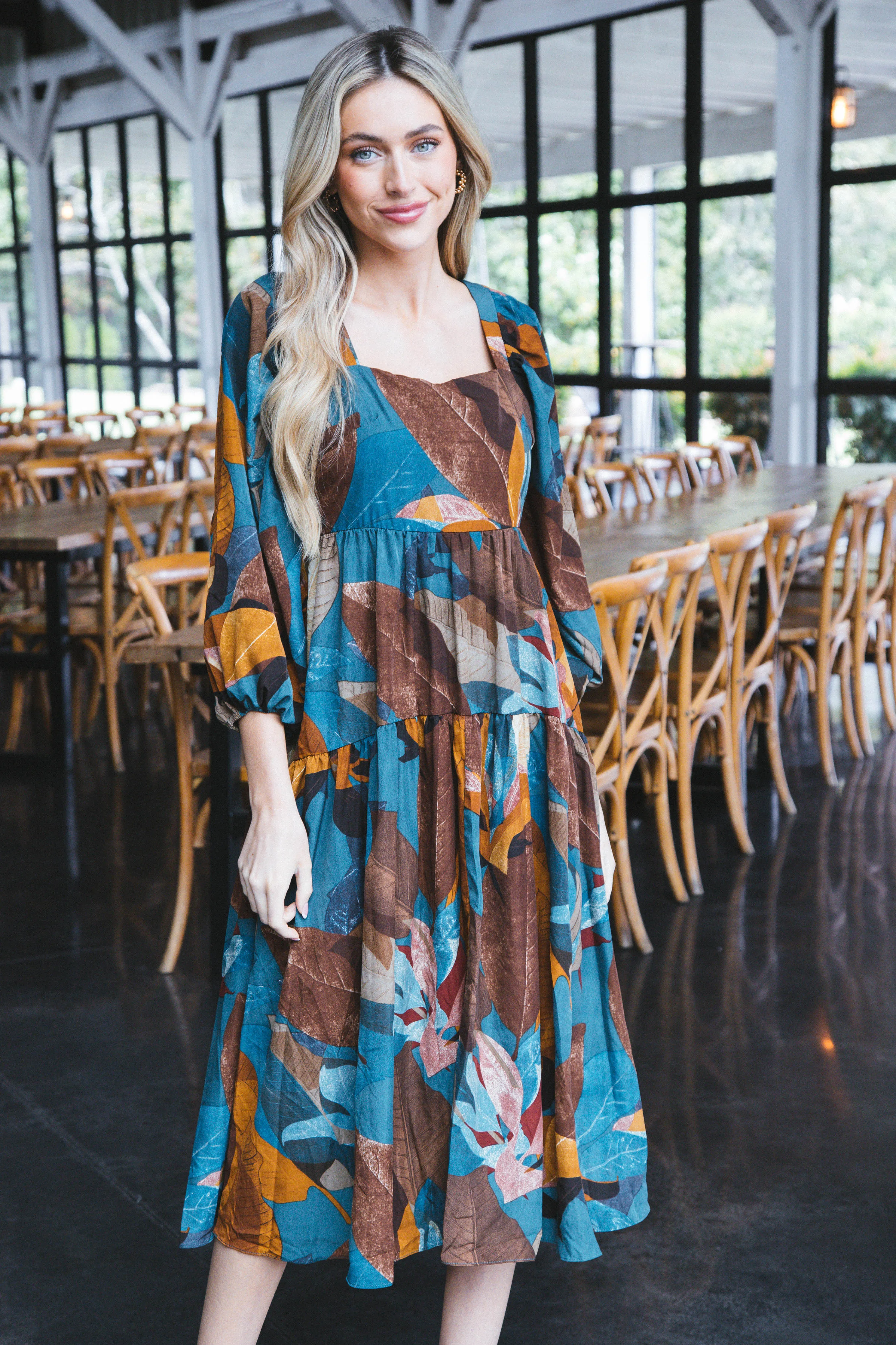 Autumn Nights Tiered Midi Dress, Teal Multi