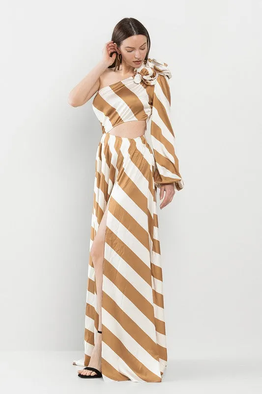 Bellucci Striped One Shoulder Maxi Gold