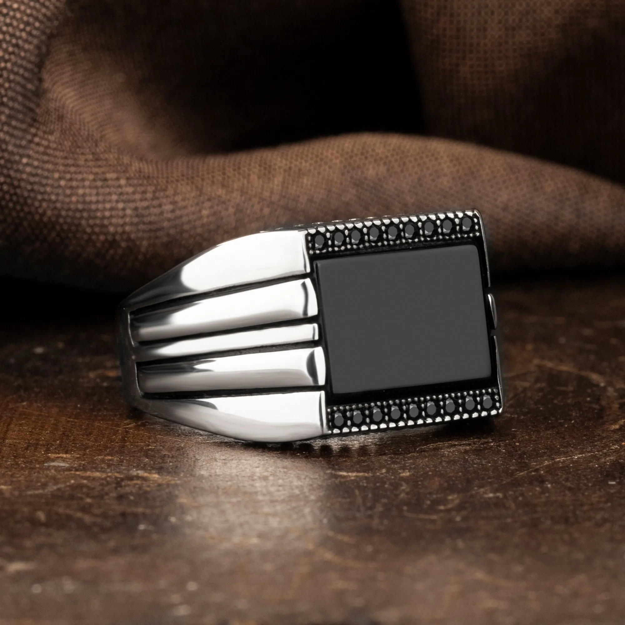 Black Onyx Stone Covered Small Zircon Stones Square Silver Men's Ring