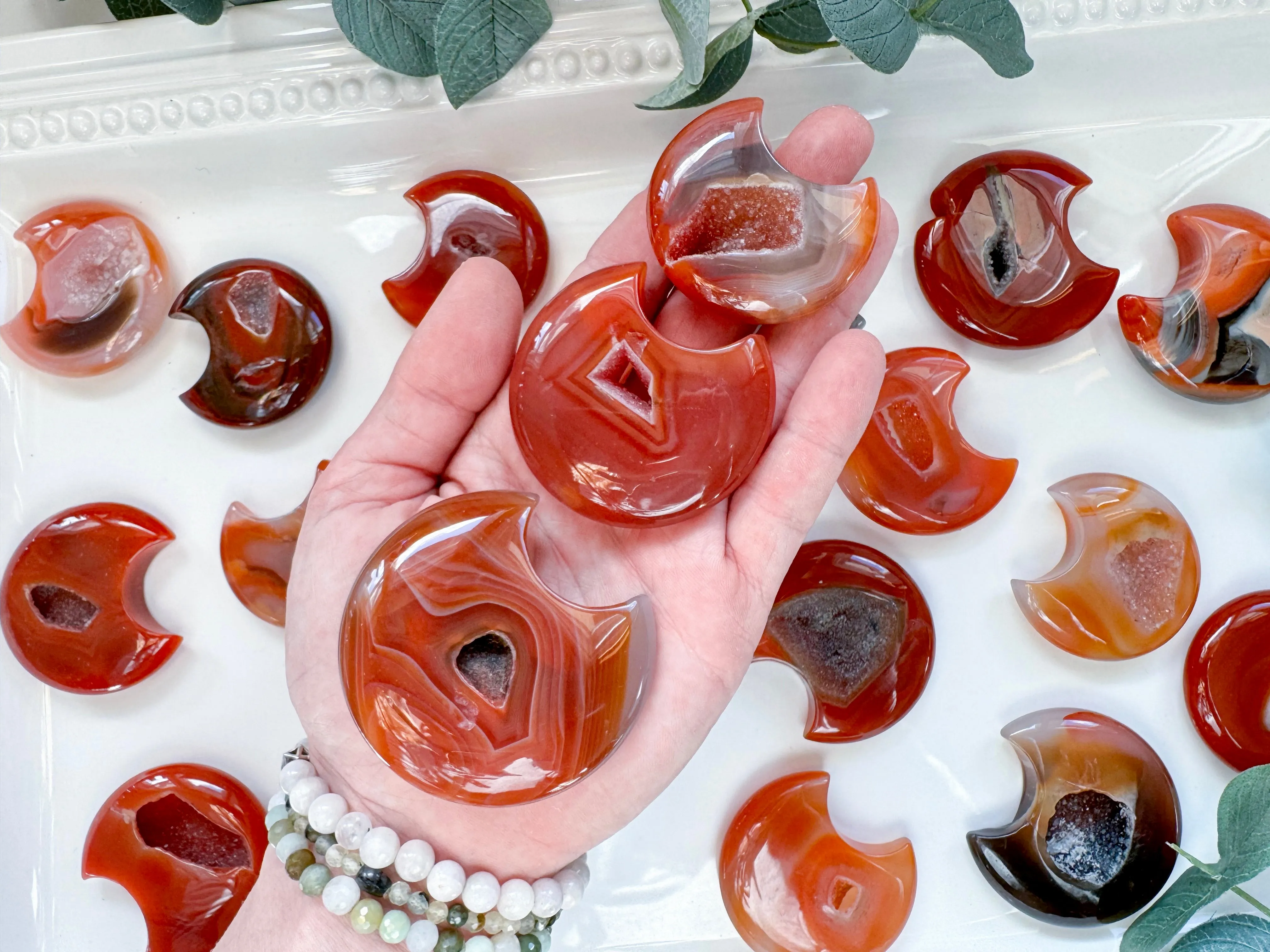 Carnelian Druzy Crescent Moon Carving