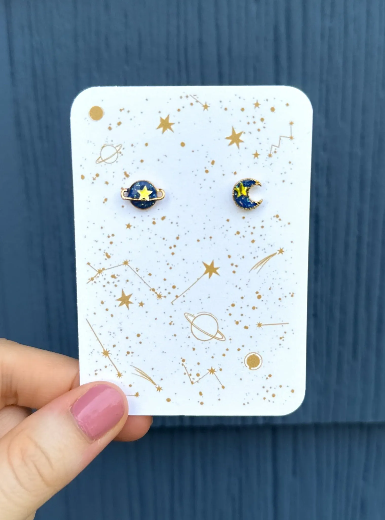 Celestial Planet and Moon Stud Earrings