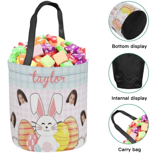 Custom Face&Name Smile Rabbit Easter Basket Personalized Buny Egg Bags Kids Candy Easter Baskets