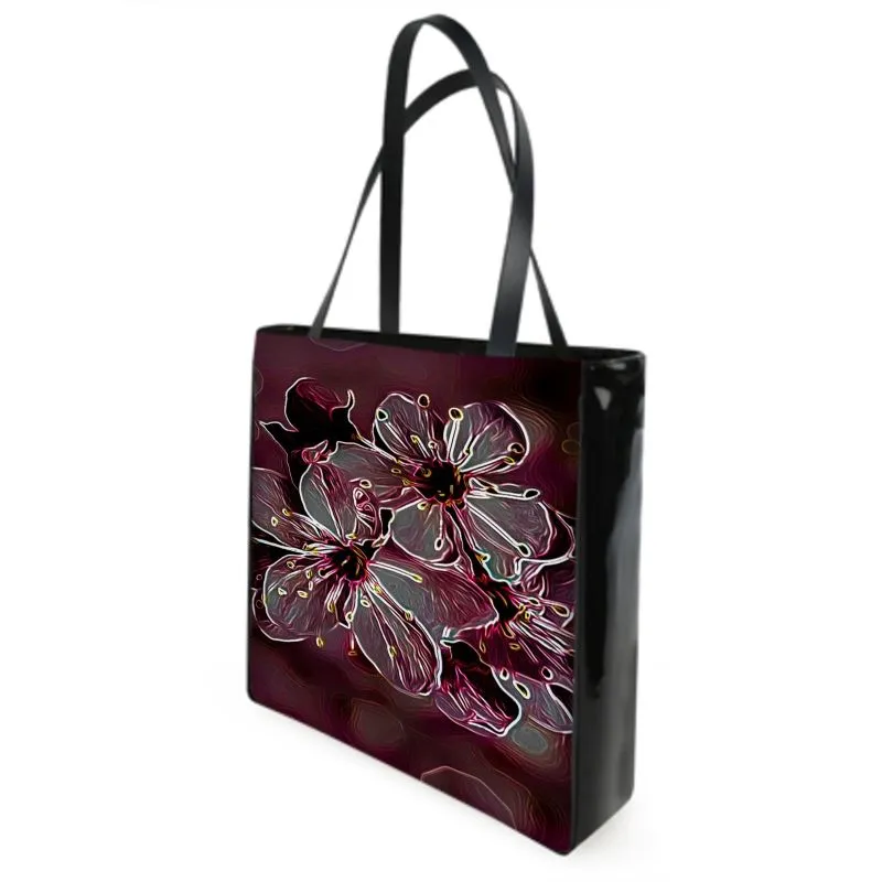 Floral Embosses: Pictorial Cherry Blossoms 01-04 Designer Canvas Shopper Bag with Leather Straps