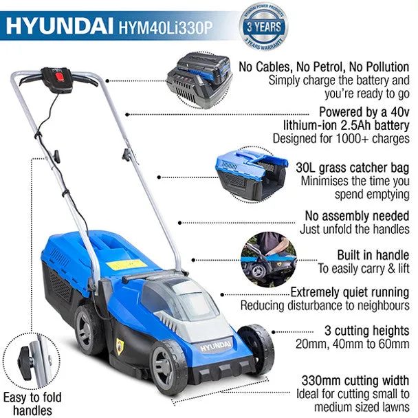 Hyundai HYM40LI330P 40V 33cm Roller Lawn Mower with Battery and Charger