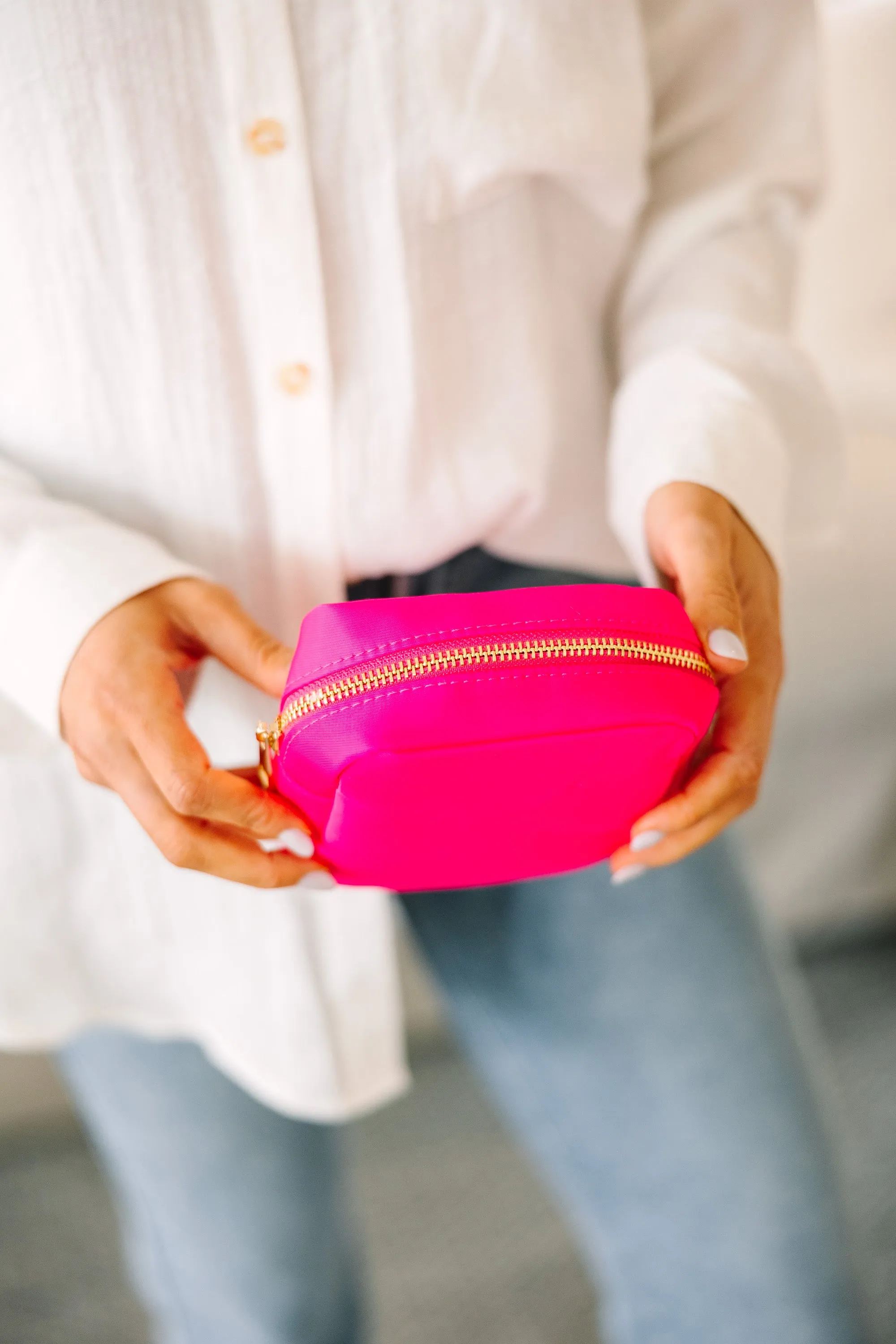 Let's Get Going Hot Pink Varsity Cosmetic Bag, Small