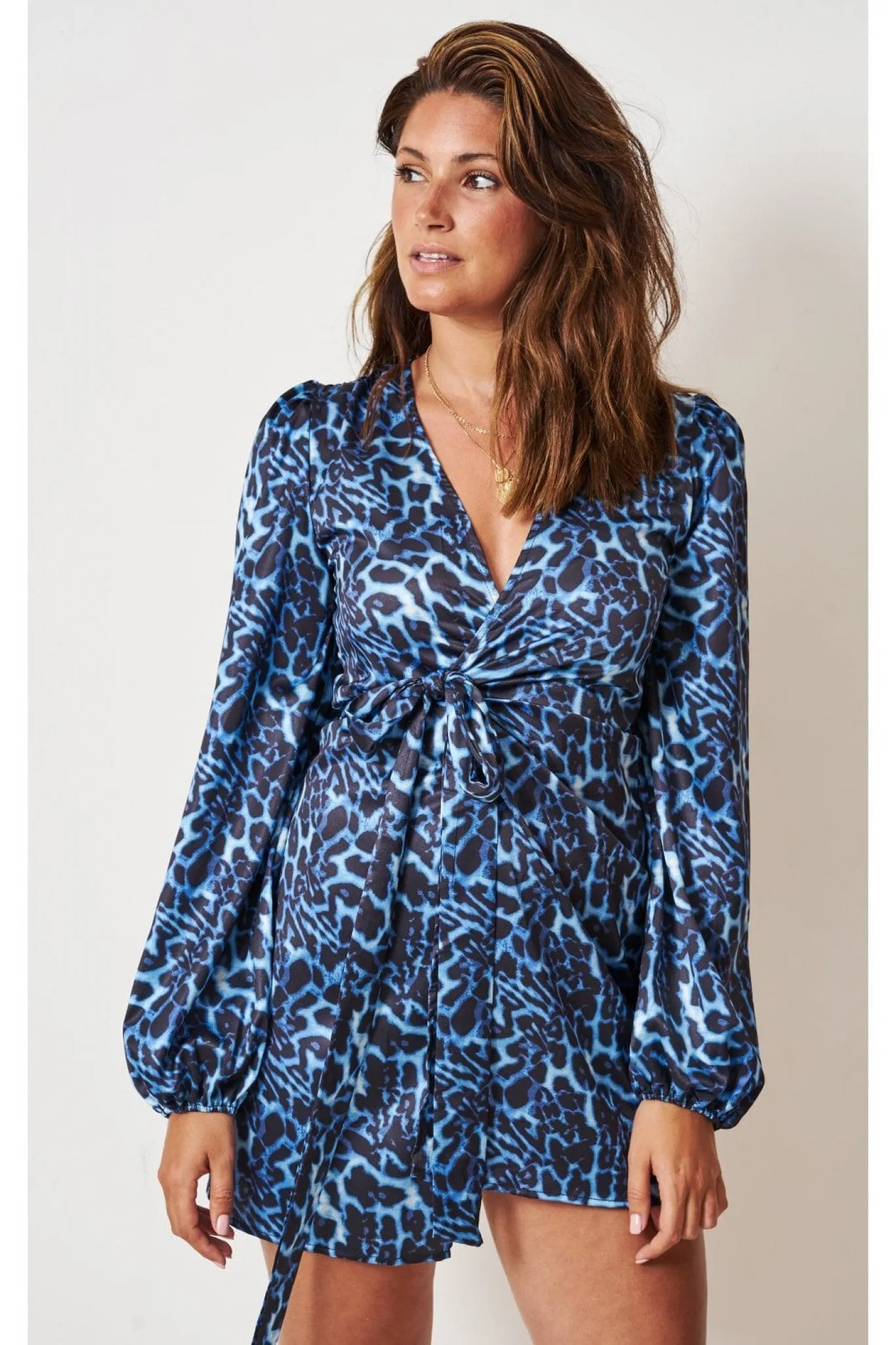 Love Frontrow Blue Leopard Print Mini Wrap Dress