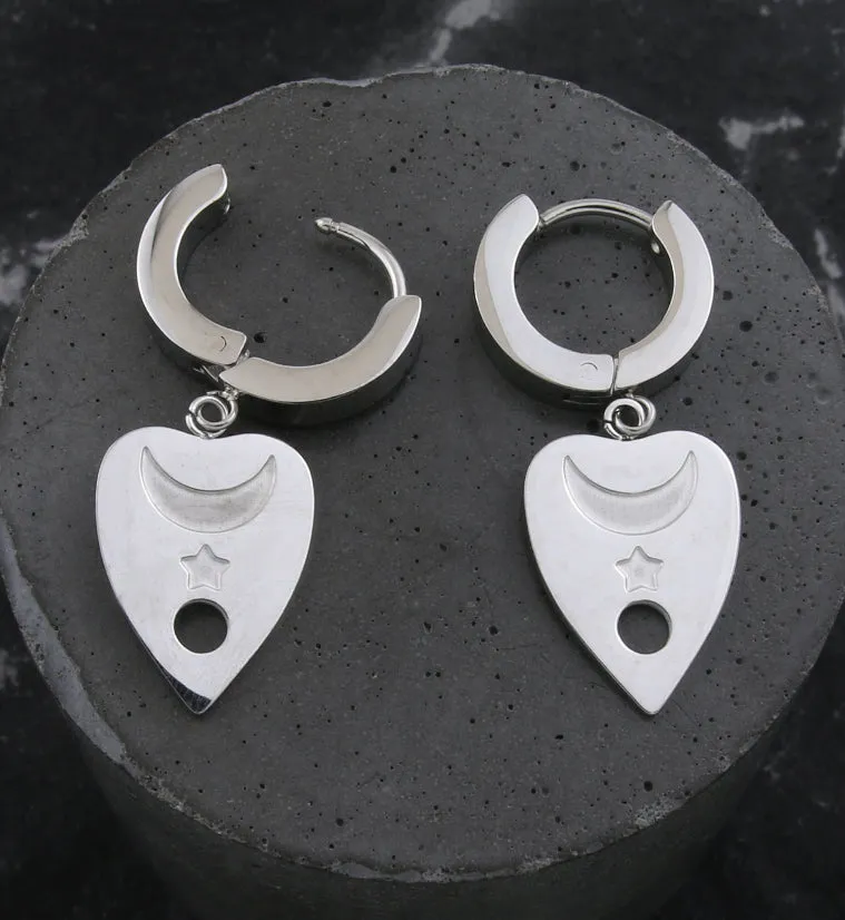 Moon and Star Planchette Stainless Steel Hoop Huggie Earrings