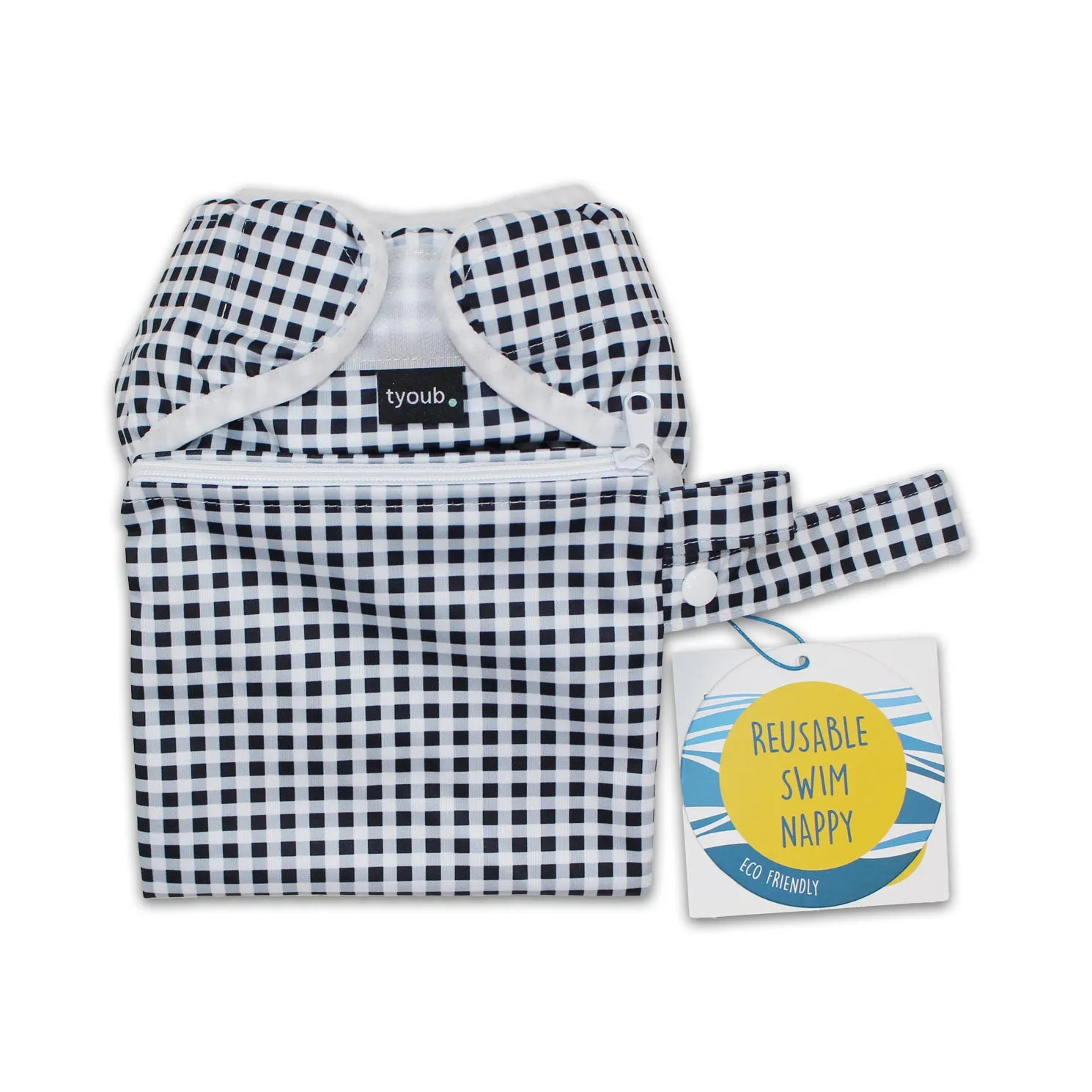 On The Go - Gift Set, Reusable Swim Nappy, Wet Bag and Baby Bib - Black Check