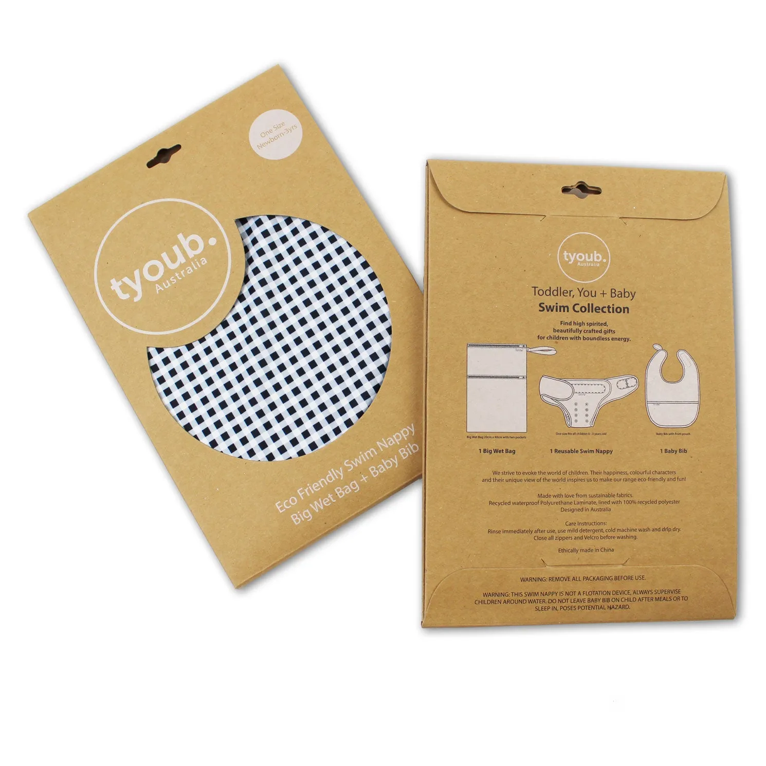 On The Go - Gift Set, Reusable Swim Nappy, Wet Bag and Baby Bib - Black Check