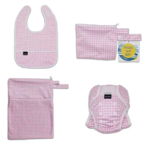 On The Go - Gift Set, Reusable Swim Nappy, Wet Bag and Baby Bib - Pink Check