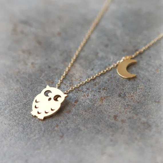 Owl and Moon Necklace in gold