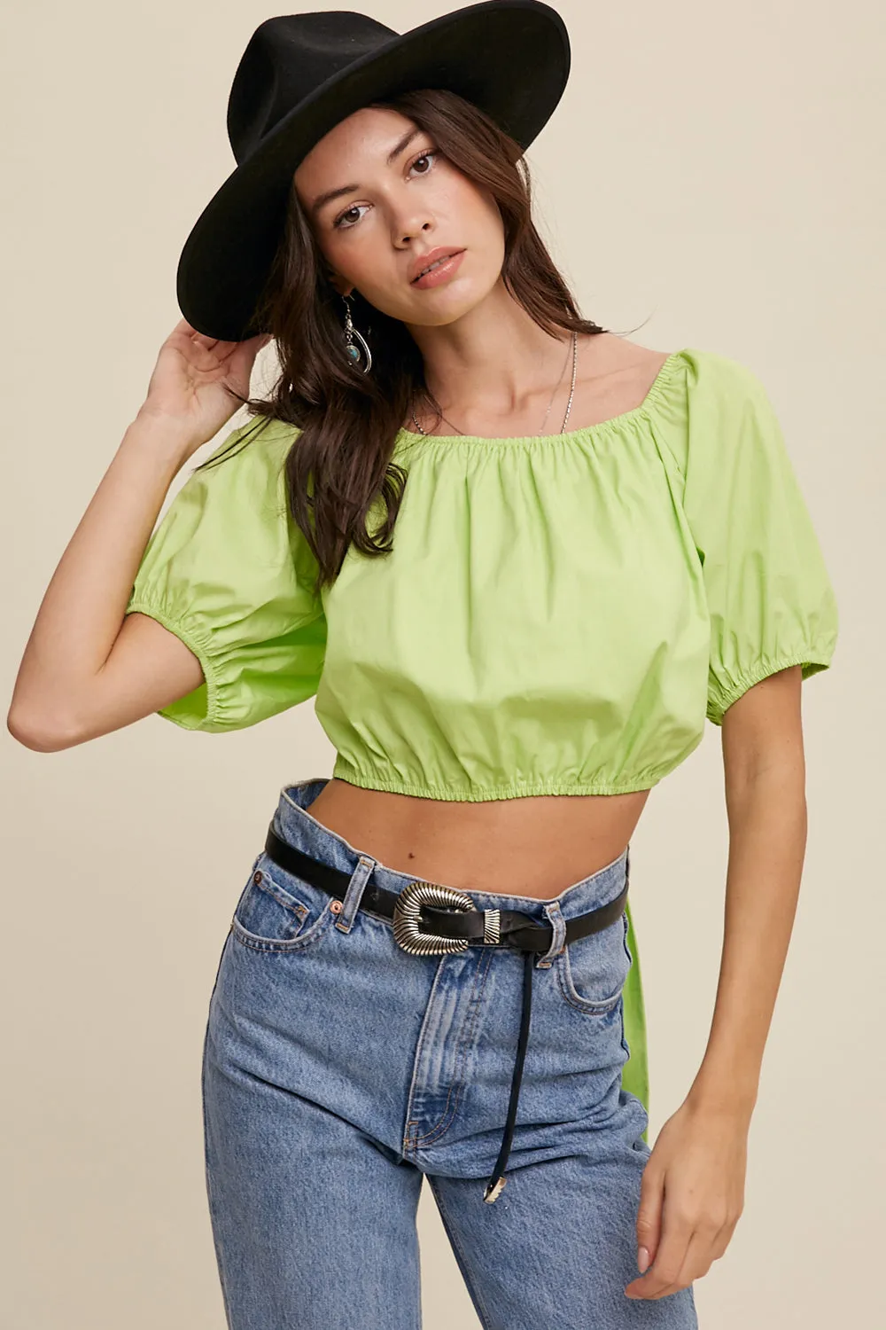 Puff Sleeve Back Tie Crop Top