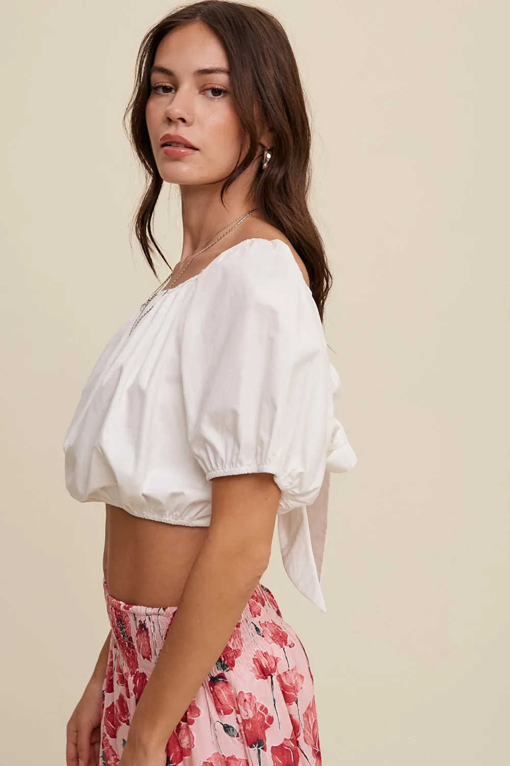 Puff Sleeve Back Tie Crop Top