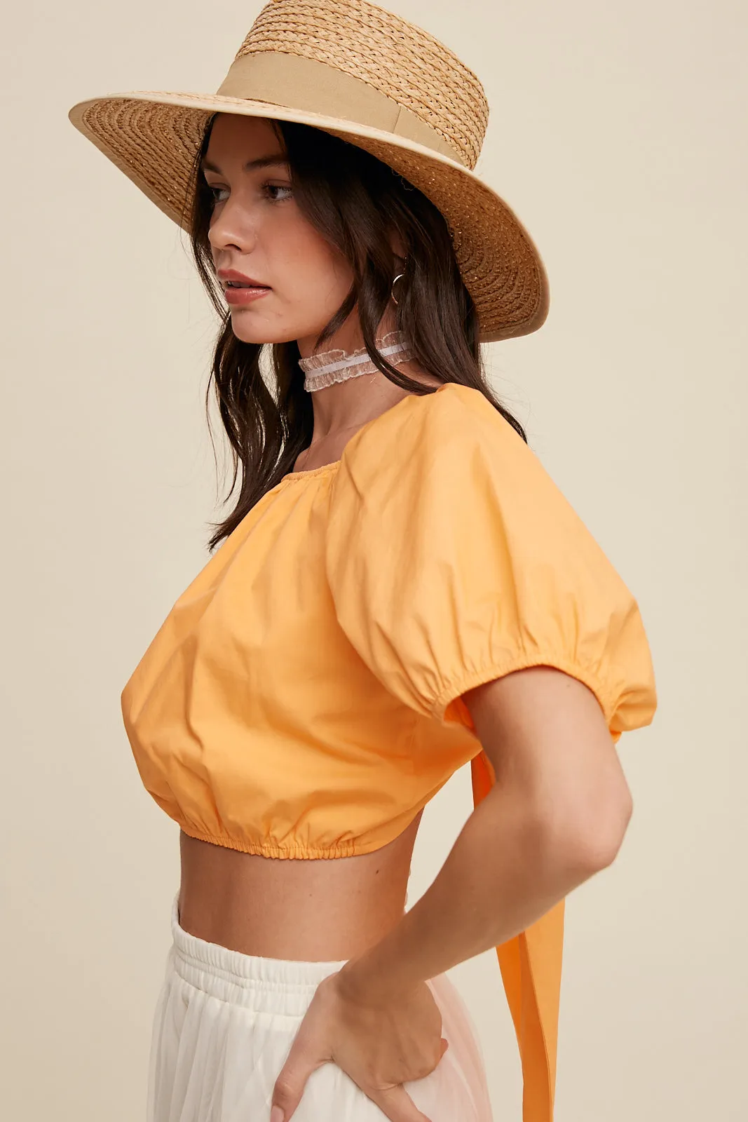 Puff Sleeve Back Tie Crop Top