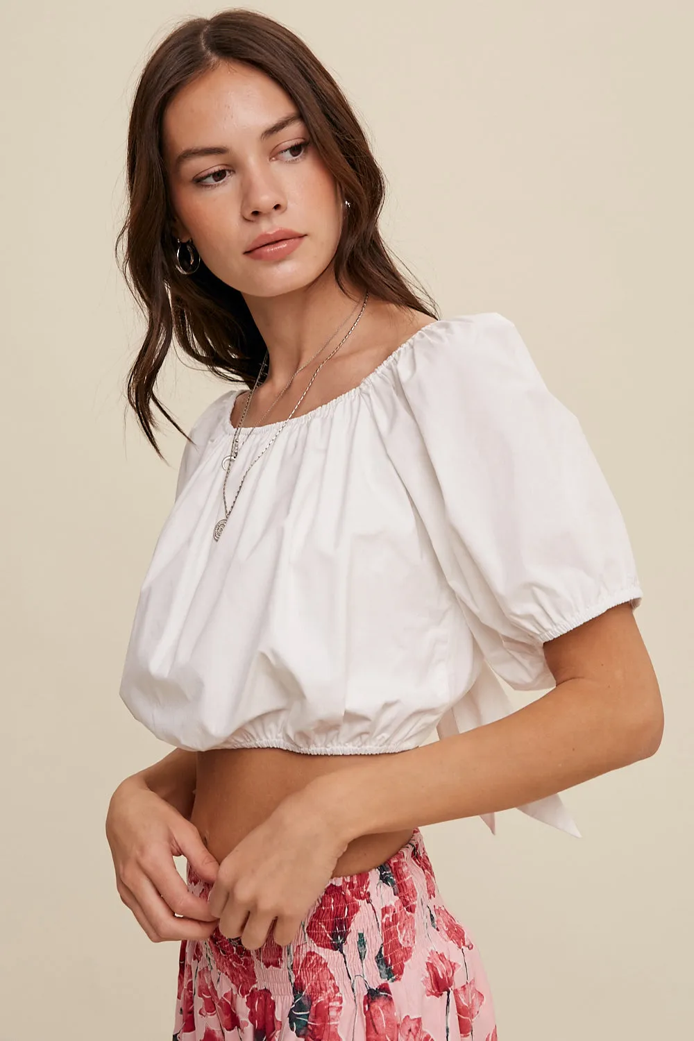 Puff Sleeve Back Tie Crop Top