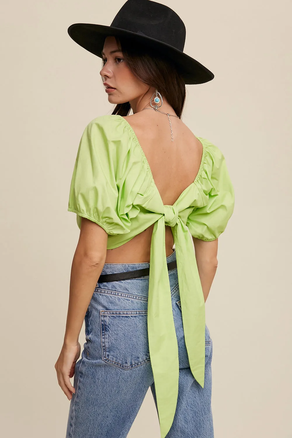 Puff Sleeve Back Tie Crop Top