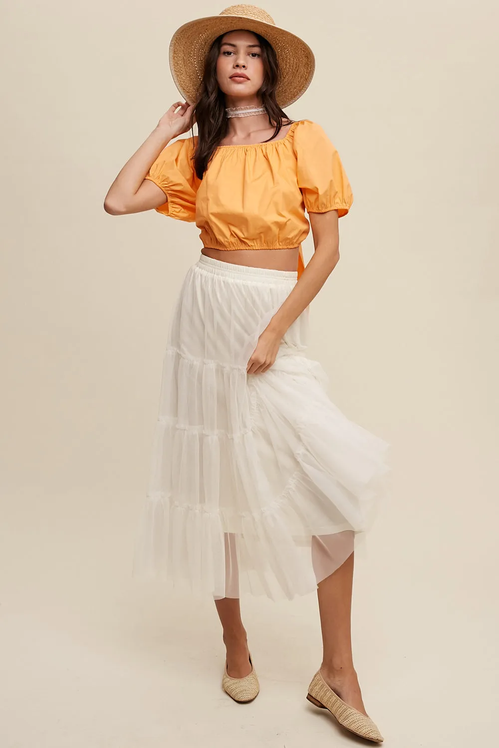 Puff Sleeve Back Tie Crop Top