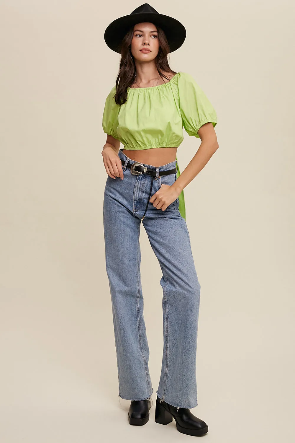 Puff Sleeve Back Tie Crop Top