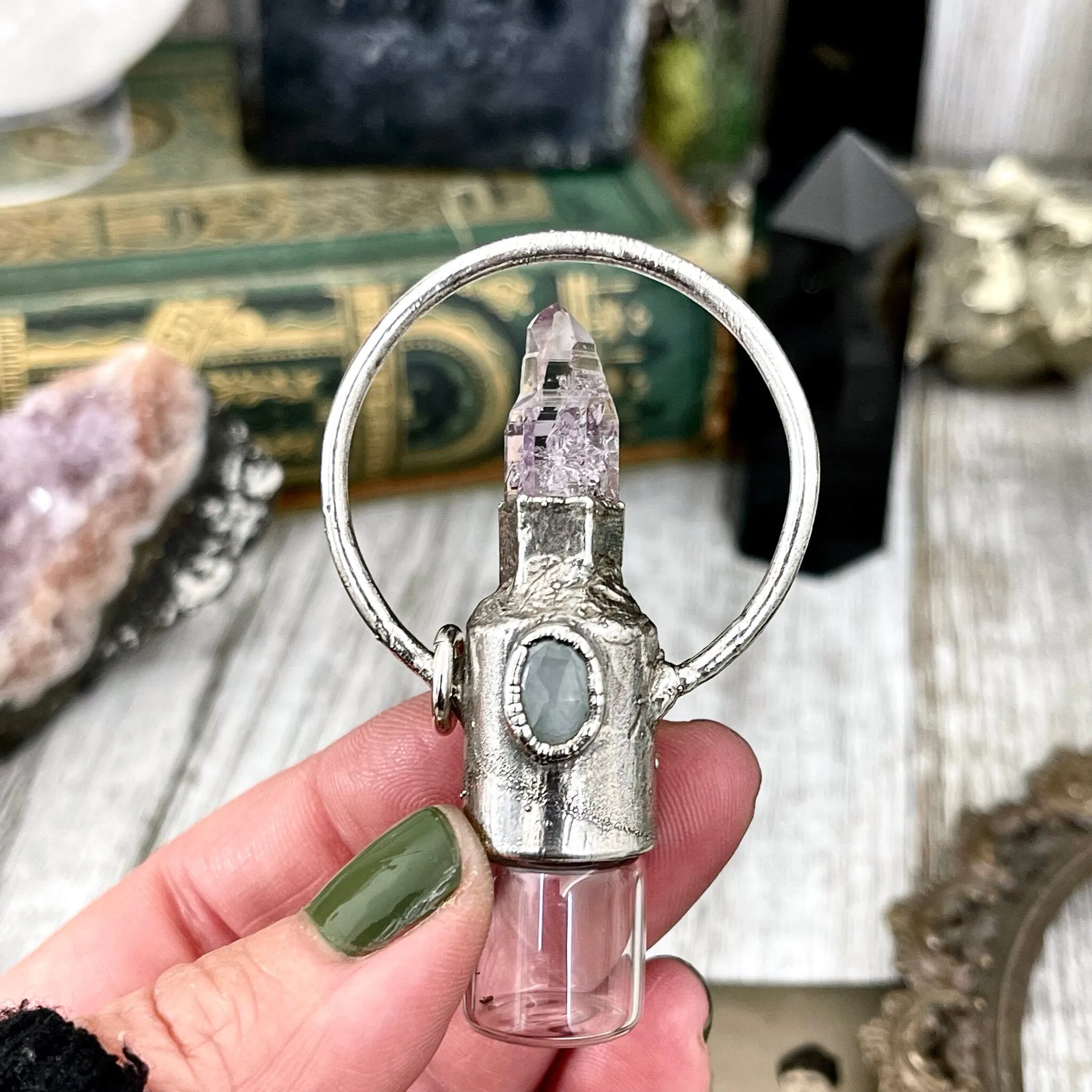 Raw Vera Cruz Amethyst and Aquamarine Crystal Necklace / Silver Crystal Rollerball Necklace