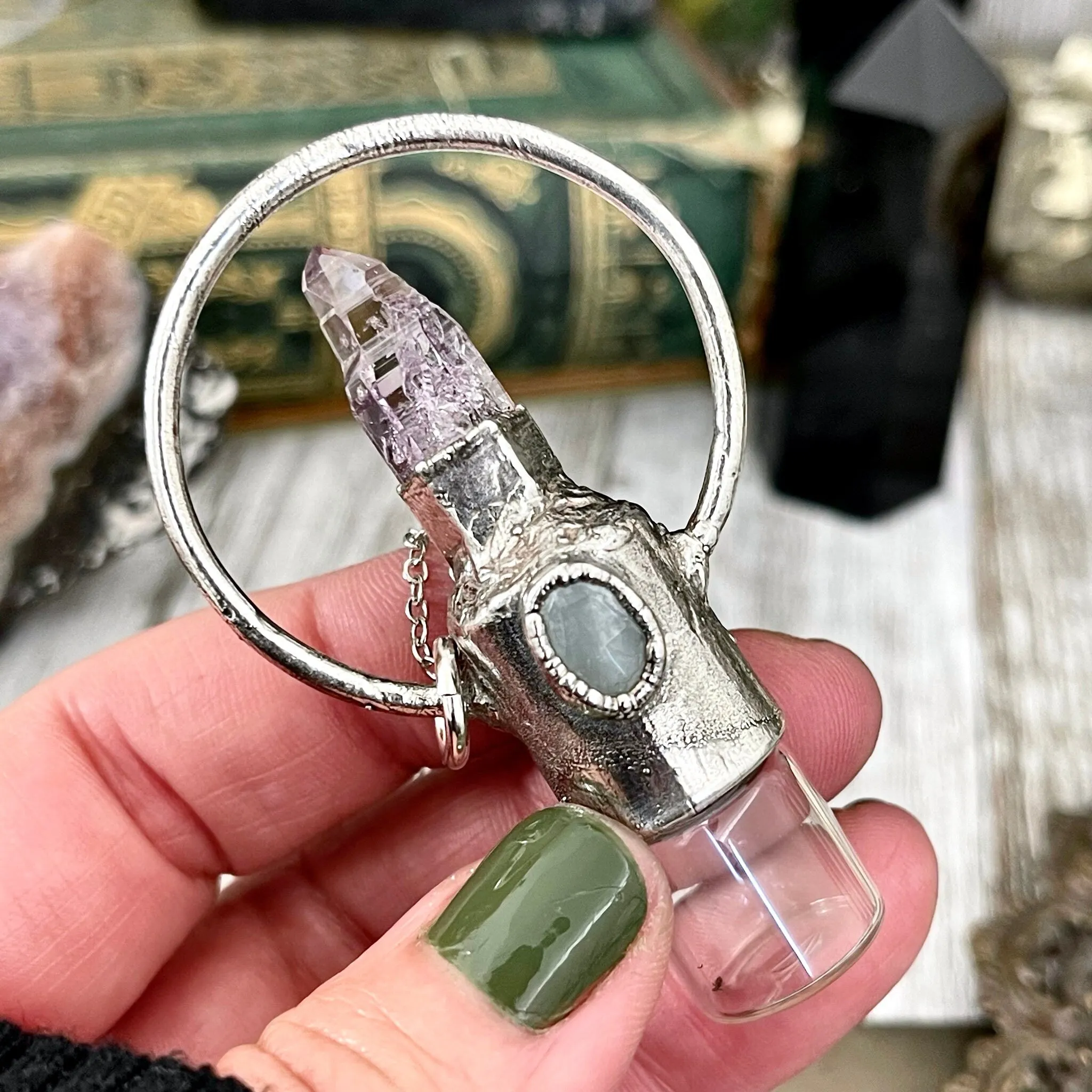 Raw Vera Cruz Amethyst and Aquamarine Crystal Necklace / Silver Crystal Rollerball Necklace