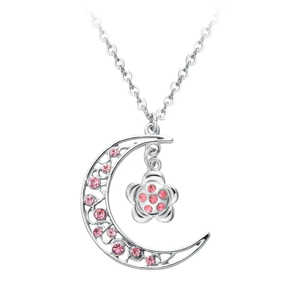 Silver Crescent Moon Pink Crystal Floral Pattern Necklace all