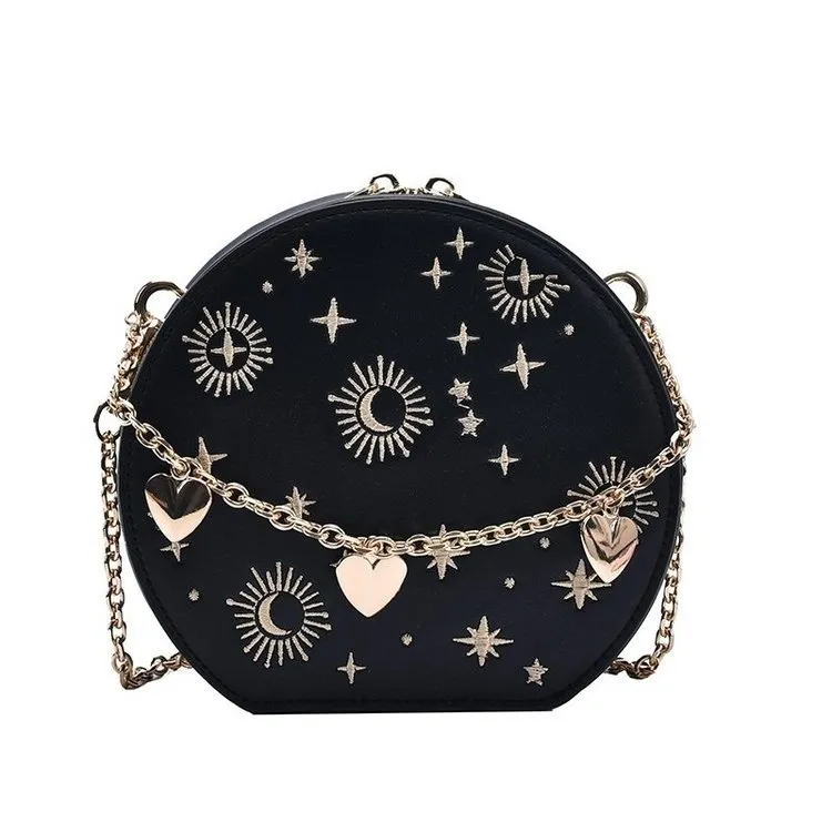 Small Round Crossbody Bag Astrology Design Embroidered