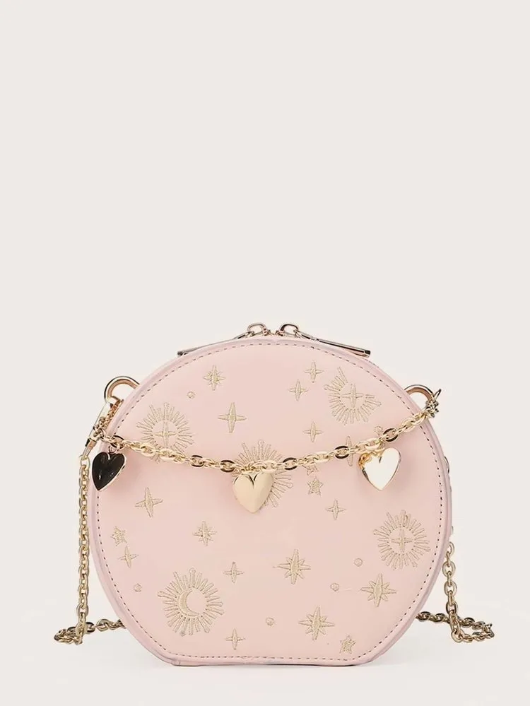 Small Round Crossbody Bag Astrology Design Embroidered