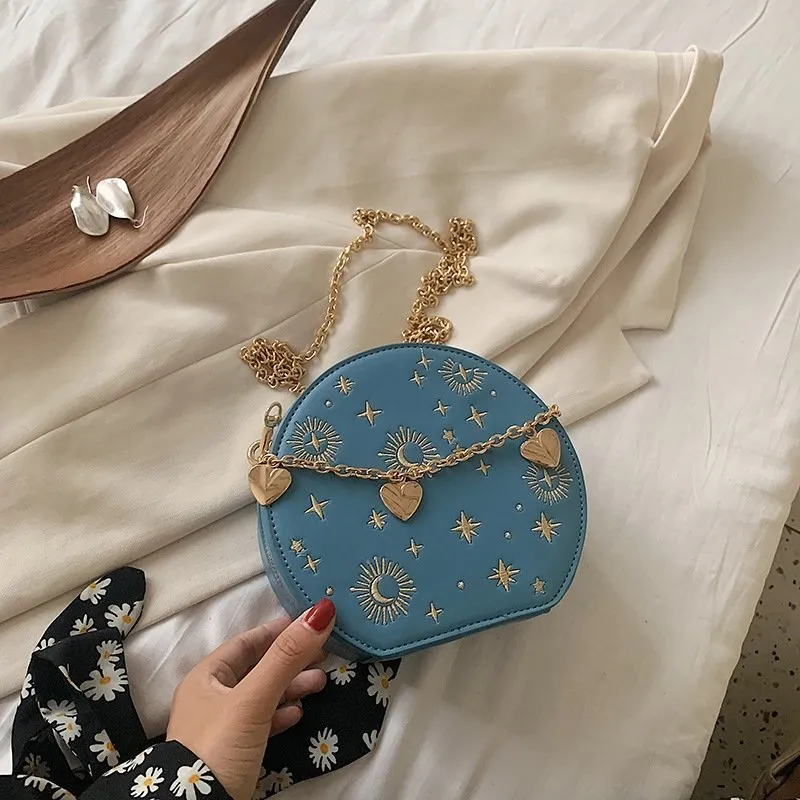 Small Round Crossbody Bag Astrology Design Embroidered