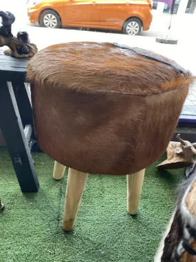 Small Round Leather & Teak Stool