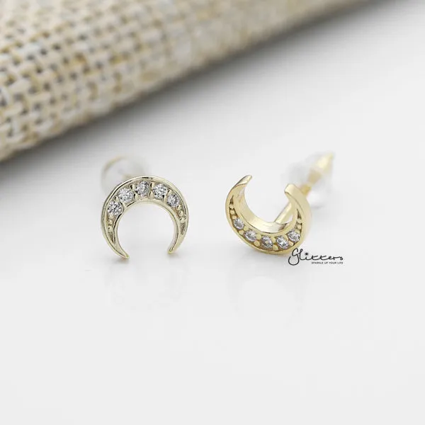 Solid 925 Sterling Silver CZ Crescent Moon Stud Earrings