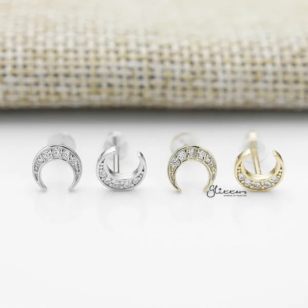 Solid 925 Sterling Silver CZ Crescent Moon Stud Earrings