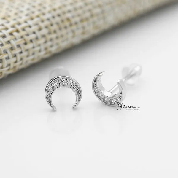 Solid 925 Sterling Silver CZ Crescent Moon Stud Earrings