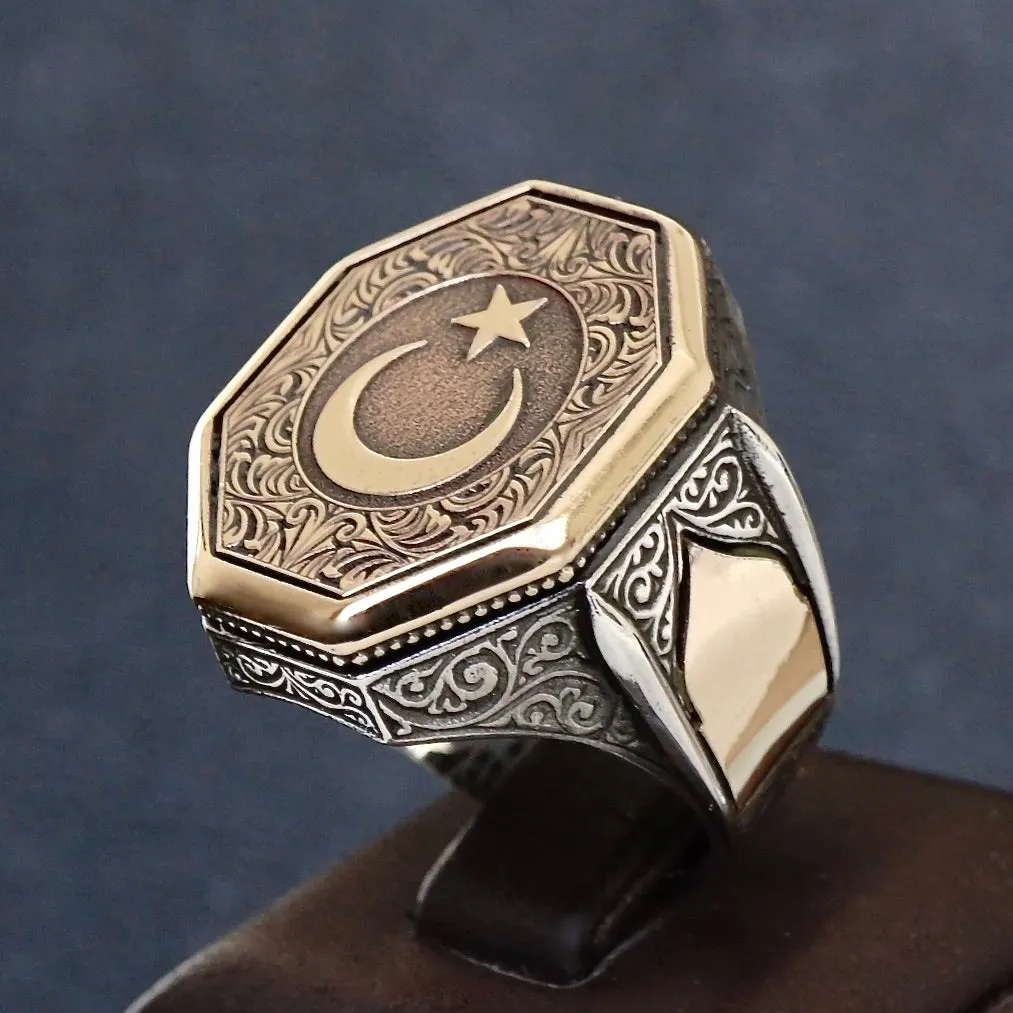 Sterling Silver Ring Crescent Star Engraved Turkish Ottoman Men's Jewelry