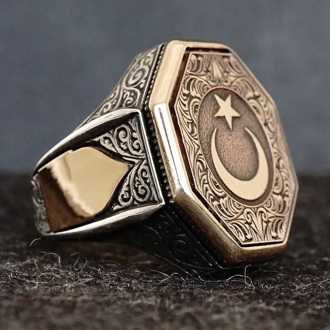 Sterling Silver Ring Crescent Star Engraved Turkish Ottoman Men's Jewelry