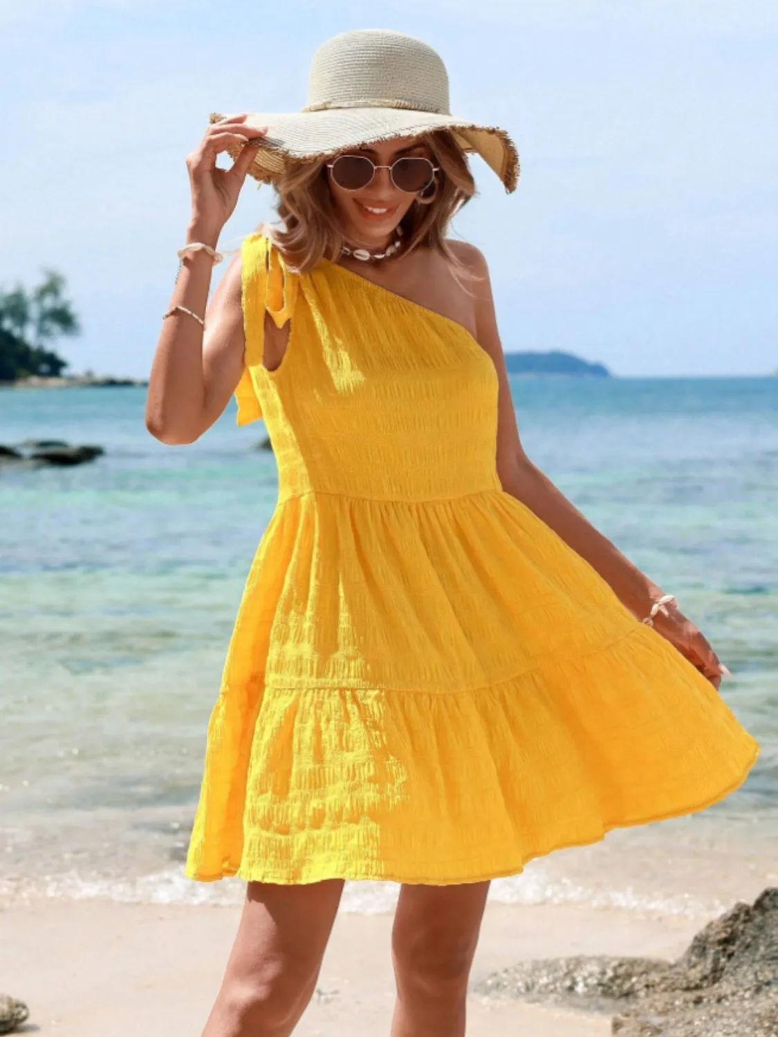 Sunset Vacation Tied Single Shoulder Mini Dress