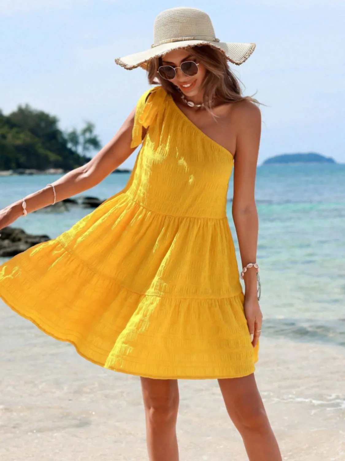 Sunset Vacation Tied Single Shoulder Mini Dress