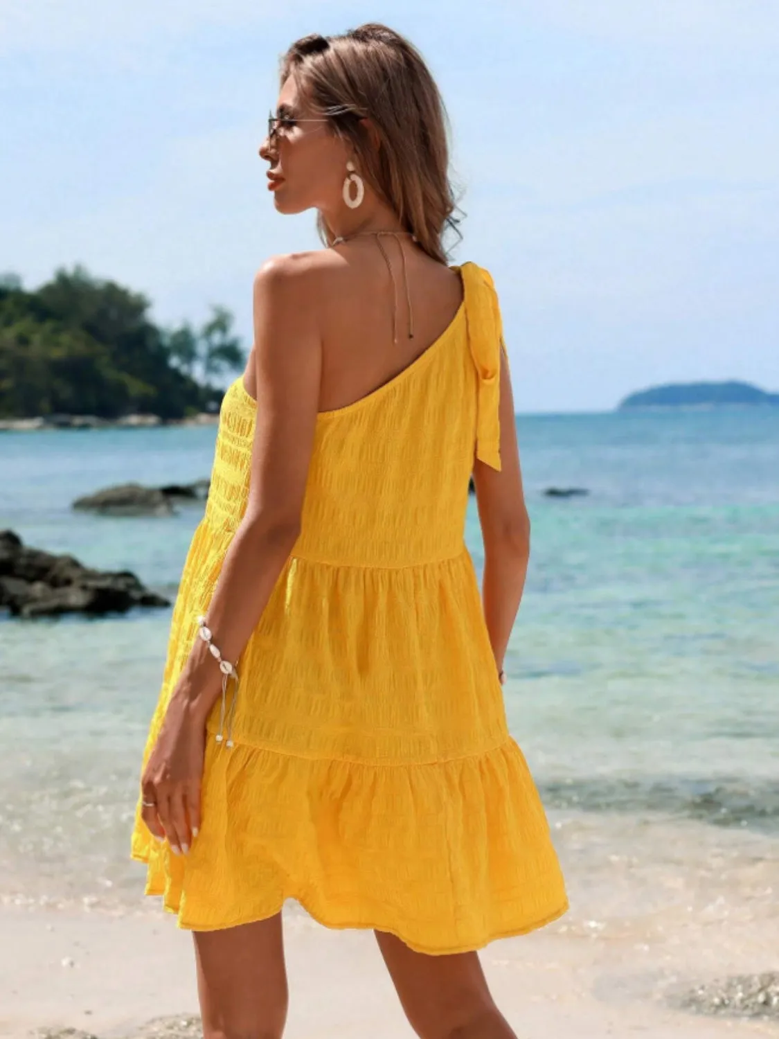 Sunset Vacation Tied Single Shoulder Mini Dress