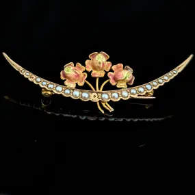 The Kenosha - Art Nouveau Era Seed Pearl Enamel 10k Gold Rose Crescent Brooch Pin