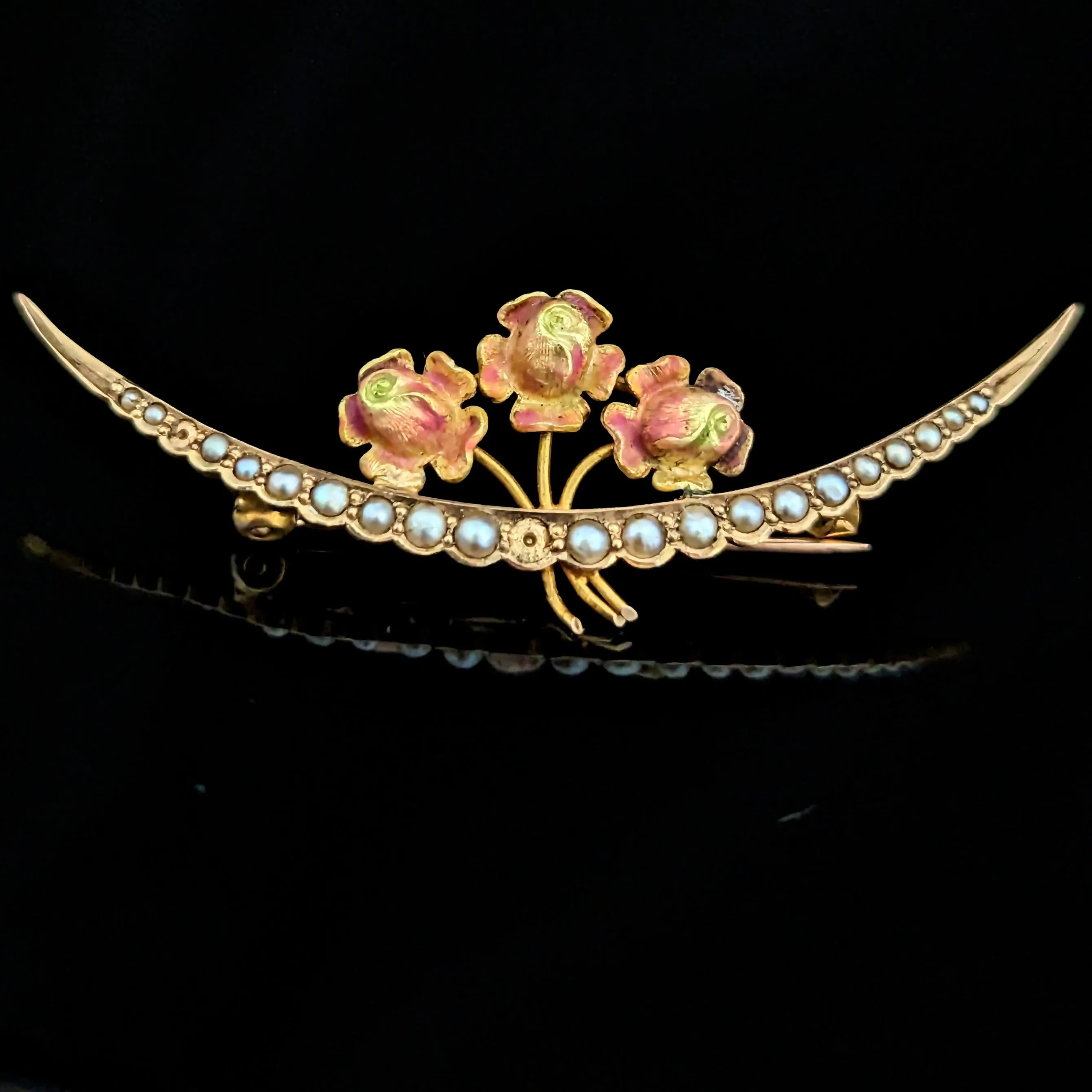 The Kenosha - Art Nouveau Era Seed Pearl Enamel 10k Gold Rose Crescent Brooch Pin