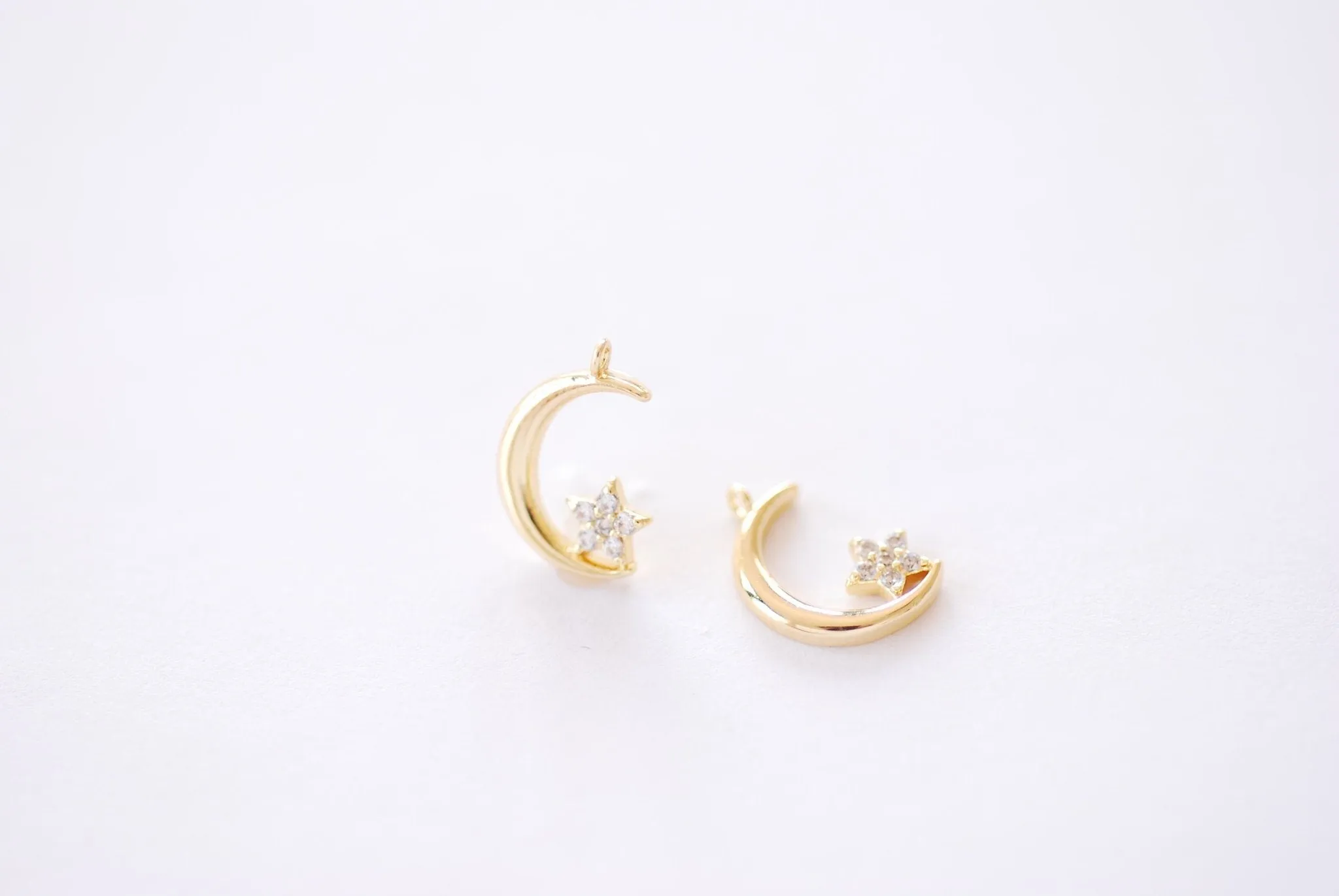 Wholesale Crescent Moon with Star Charm | 16K Gold Plated Brass Micro Pave CZ | Half Moon Celestial Waning Moon Cubic Zirconia Pendant B339