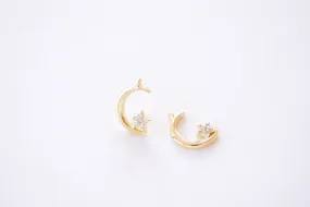 Wholesale Crescent Moon with Star Charm | 16K Gold Plated Brass Micro Pave CZ | Half Moon Celestial Waning Moon Cubic Zirconia Pendant B339