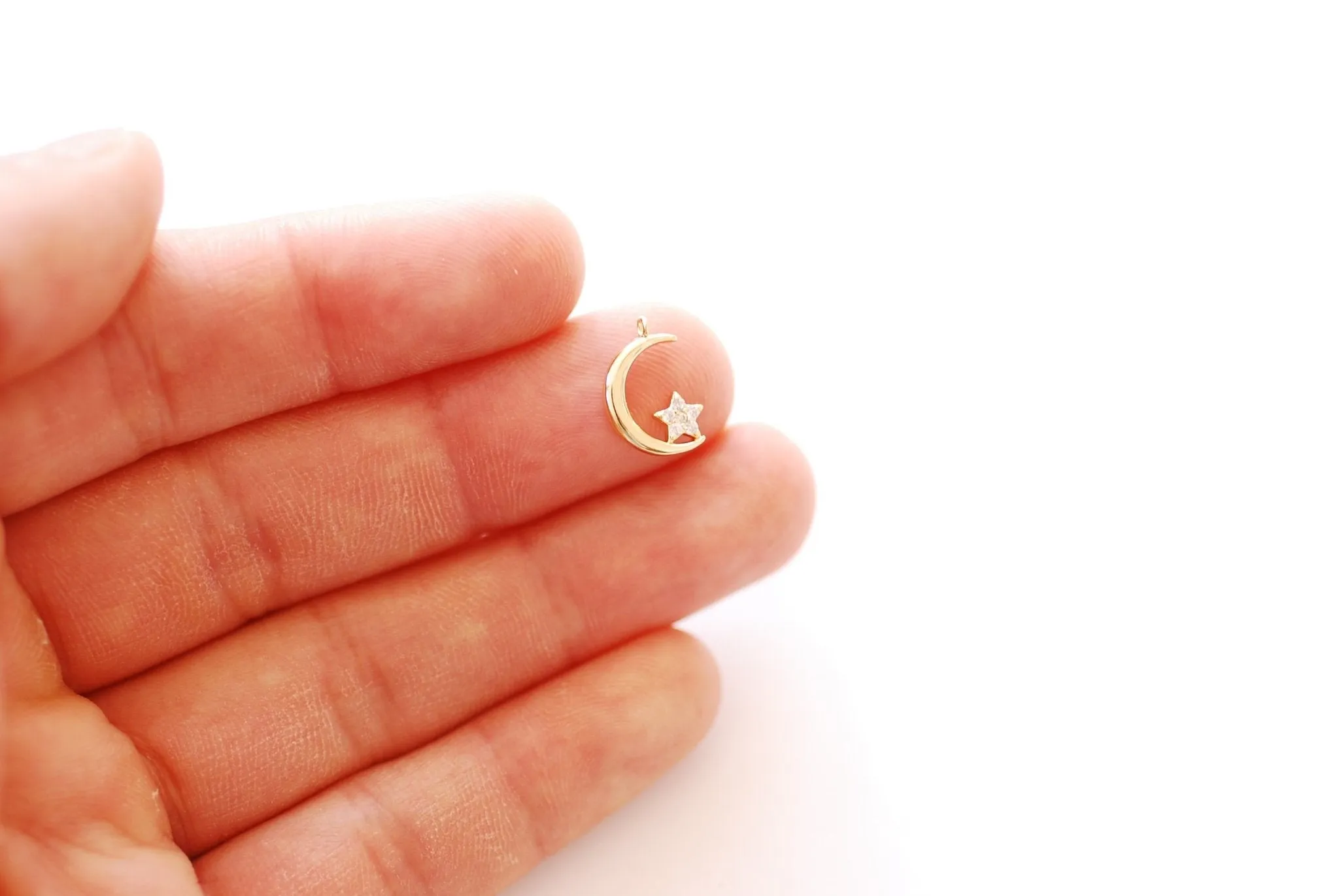 Wholesale Crescent Moon with Star Charm | 16K Gold Plated Brass Micro Pave CZ | Half Moon Celestial Waning Moon Cubic Zirconia Pendant B339